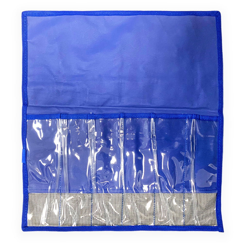 Sanhu 6-pocket lure bag blue front view with clear vinyl for quick lure ID