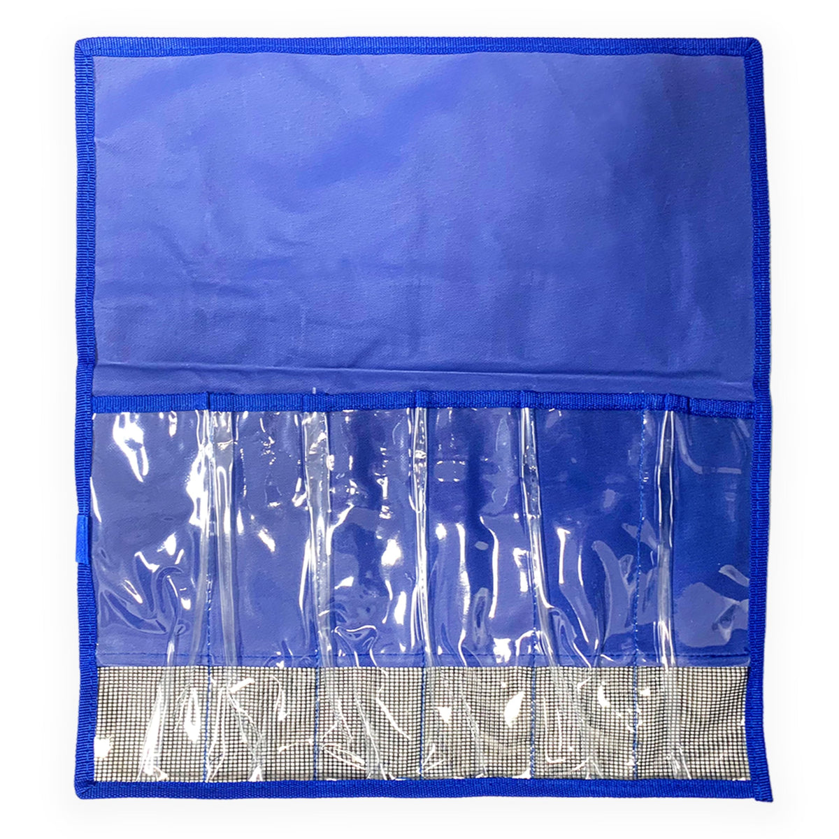 Sanhu 6-pocket lure bag blue front view with clear vinyl for quick lure ID
