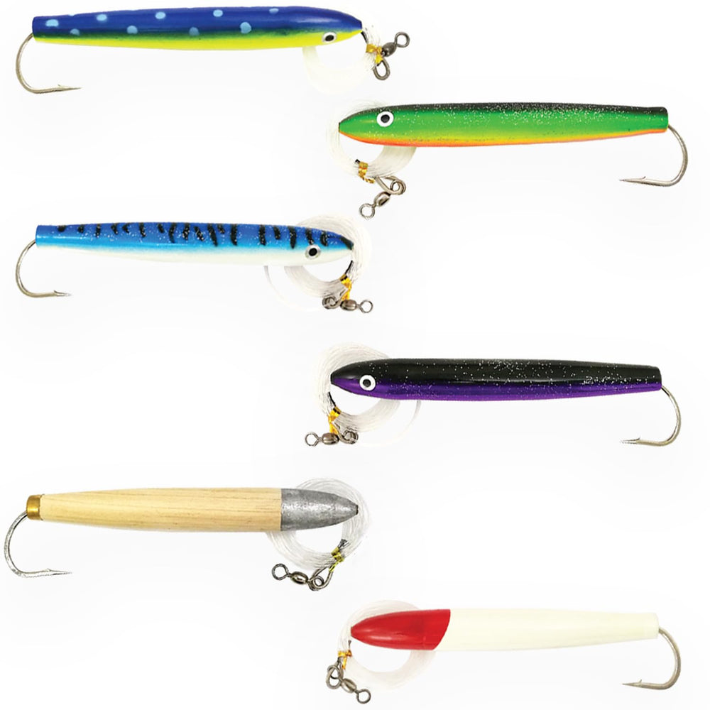 Sanhu 6-Inch Cedar Plug electric blue-green; versatile lure for dorado, wahoo, and marlin.
