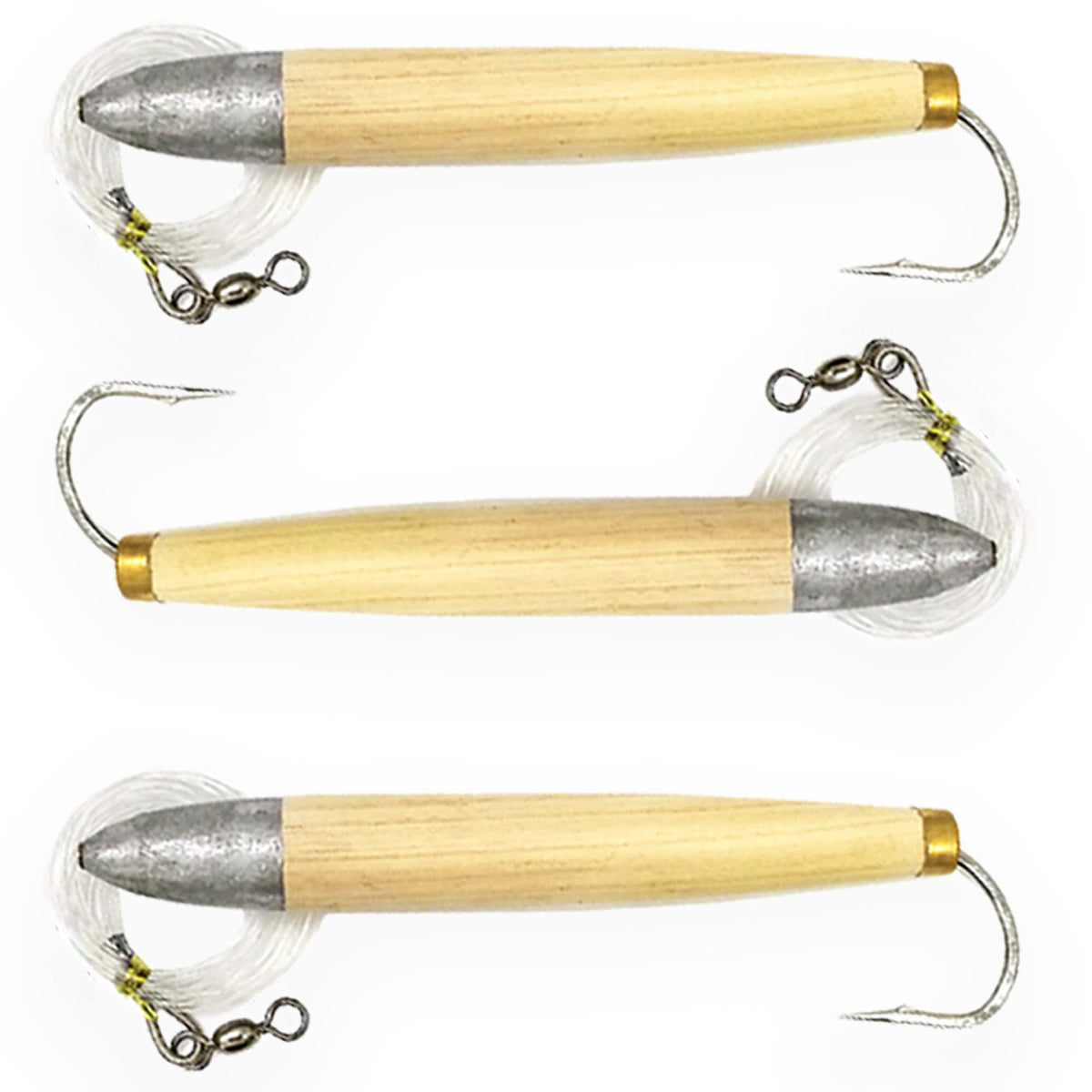 Sanhu 6-inch cedar plug front view, natural color lure designed for offshore tuna trolling.