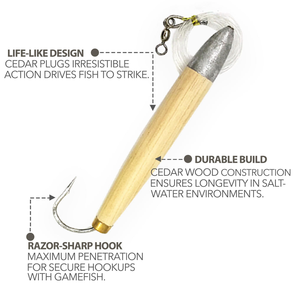 Sanhu cedar plug swimming action mimics natural bait to attract game fish.