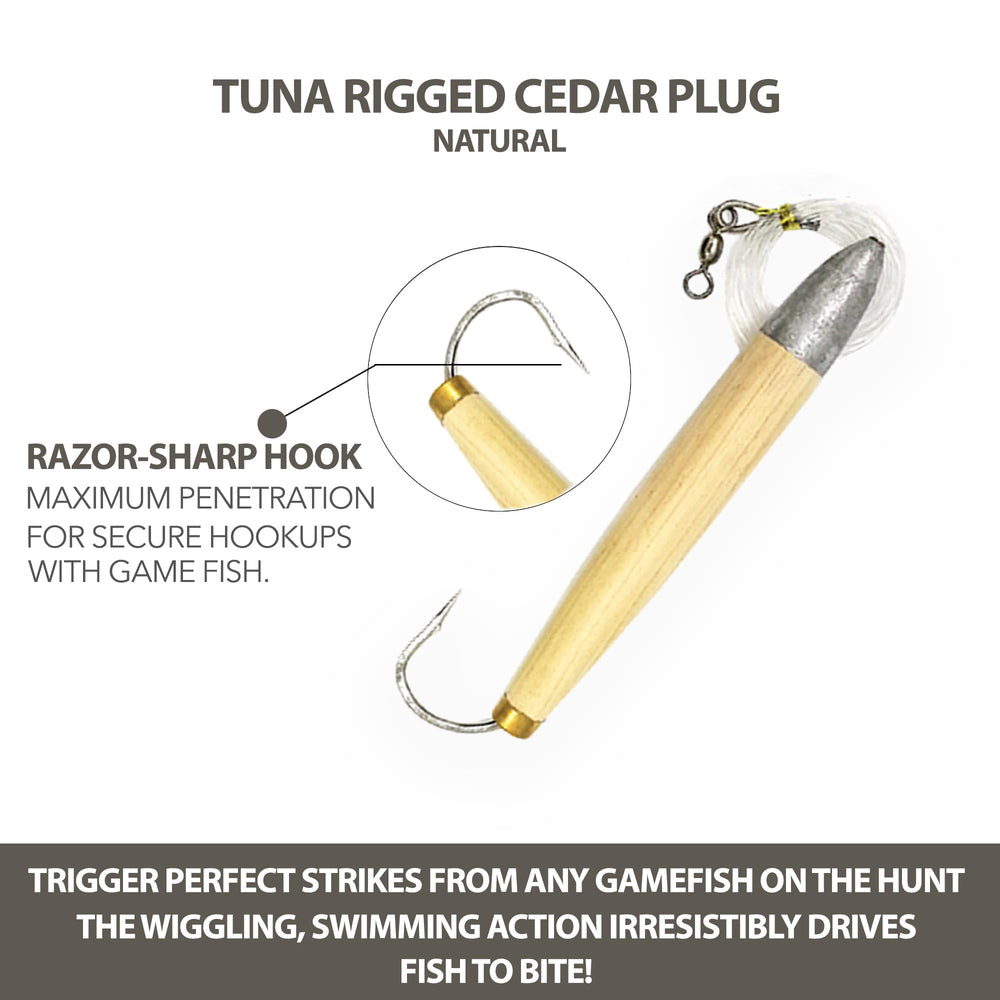 Sanhu cedar plugs ideal for tuna and dorado trolling setups.