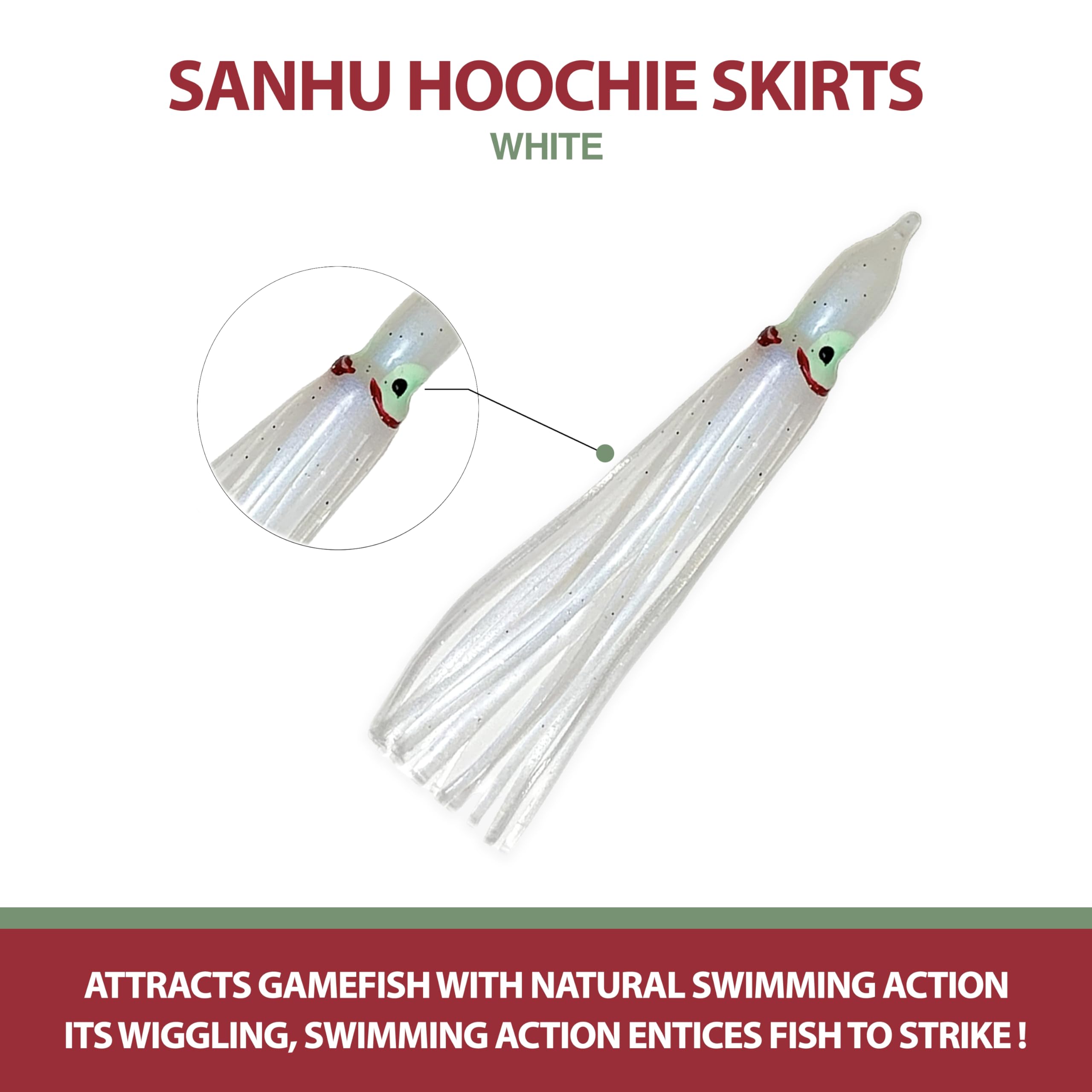 Sanhu Hoochie Squid Skirts 4.75 inch durable soft plastic withstands strong strikes.
