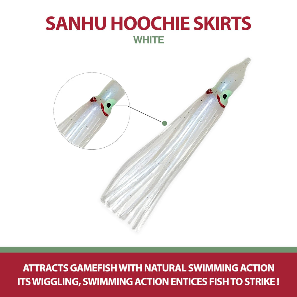 Sanhu Hoochie Squid Skirts 4.75 inch durable soft plastic withstands strong strikes.
