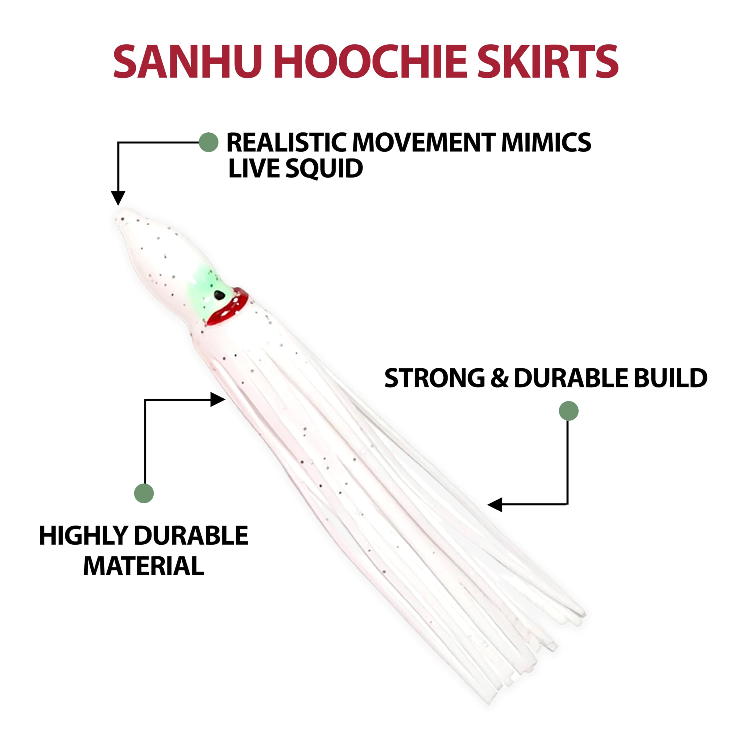 Sanhu Hoochie Squid Skirts 4.75 inch white color improves visibility underwater.