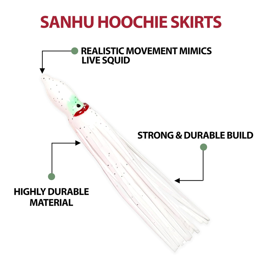 Sanhu Hoochie Squid Skirts 4.75 inch white color improves visibility underwater.