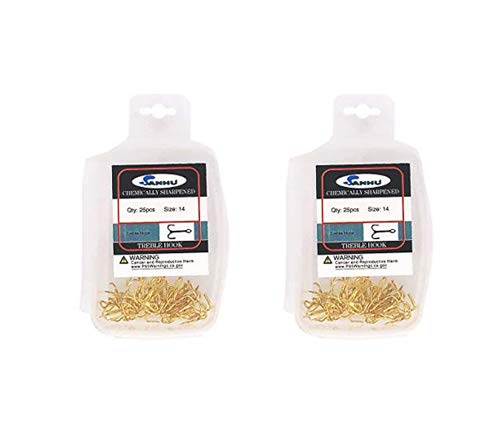 Sanhu treble hooks size 14 gold closeup showing durable high-carbon steel finish.