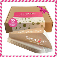 SaniGirl pee funnel packaging showing portable travel-ready design for discreet use on the go