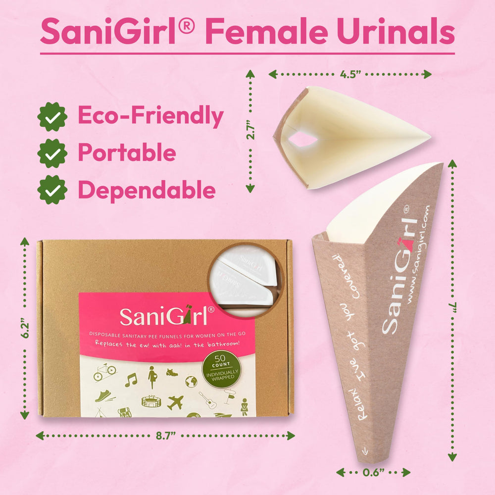 SaniGirl pocket-storage photo shows slim, lightweight funnel ready for on-the-go emergencies