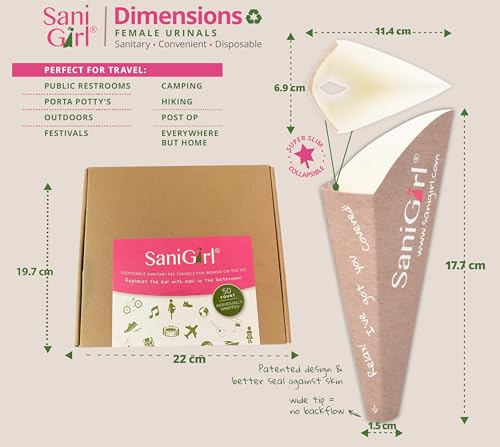 SaniGirl standing-use image showing leak-proof confidence while camping or traveling