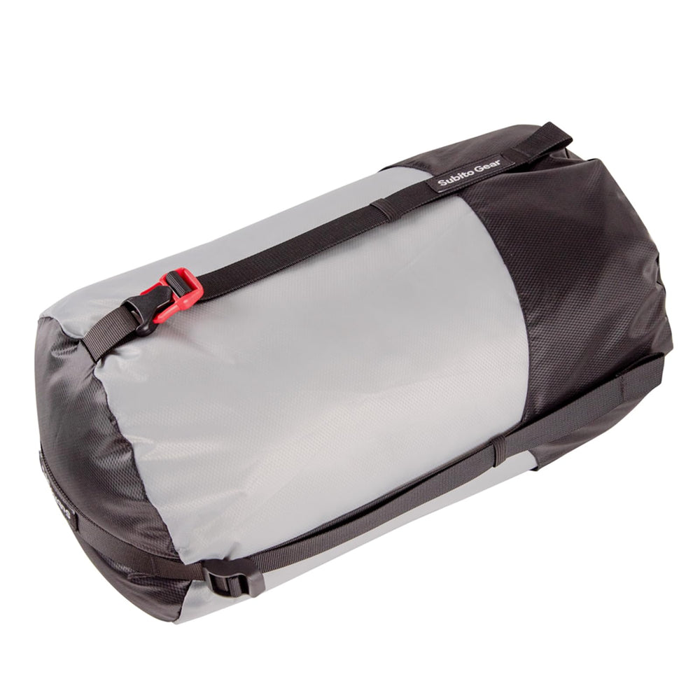 Sanmum 70D compression sack 5L on backpack for travel convenience.