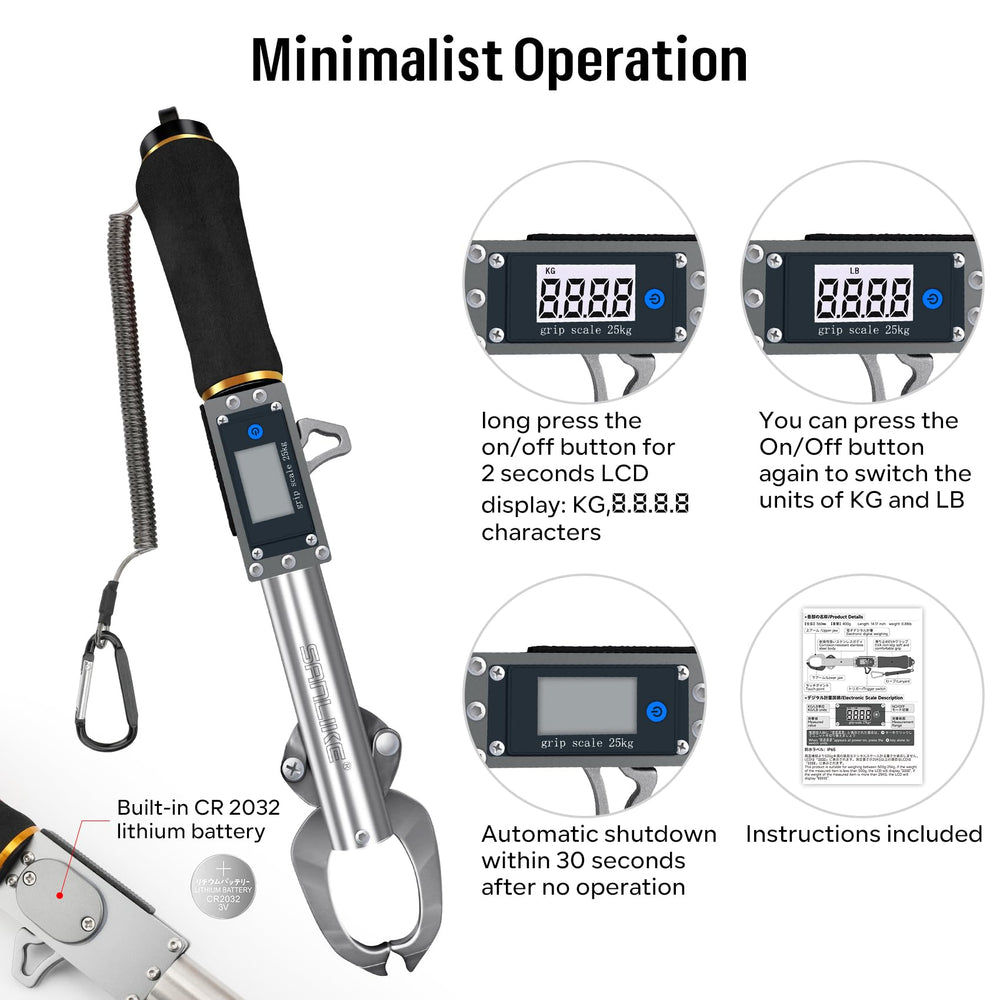 Close-up of SANLIKE fish gripper with digital scale in packaging