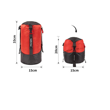 Sanmum 70D nylon compression sack in use to compress gear in a backpack