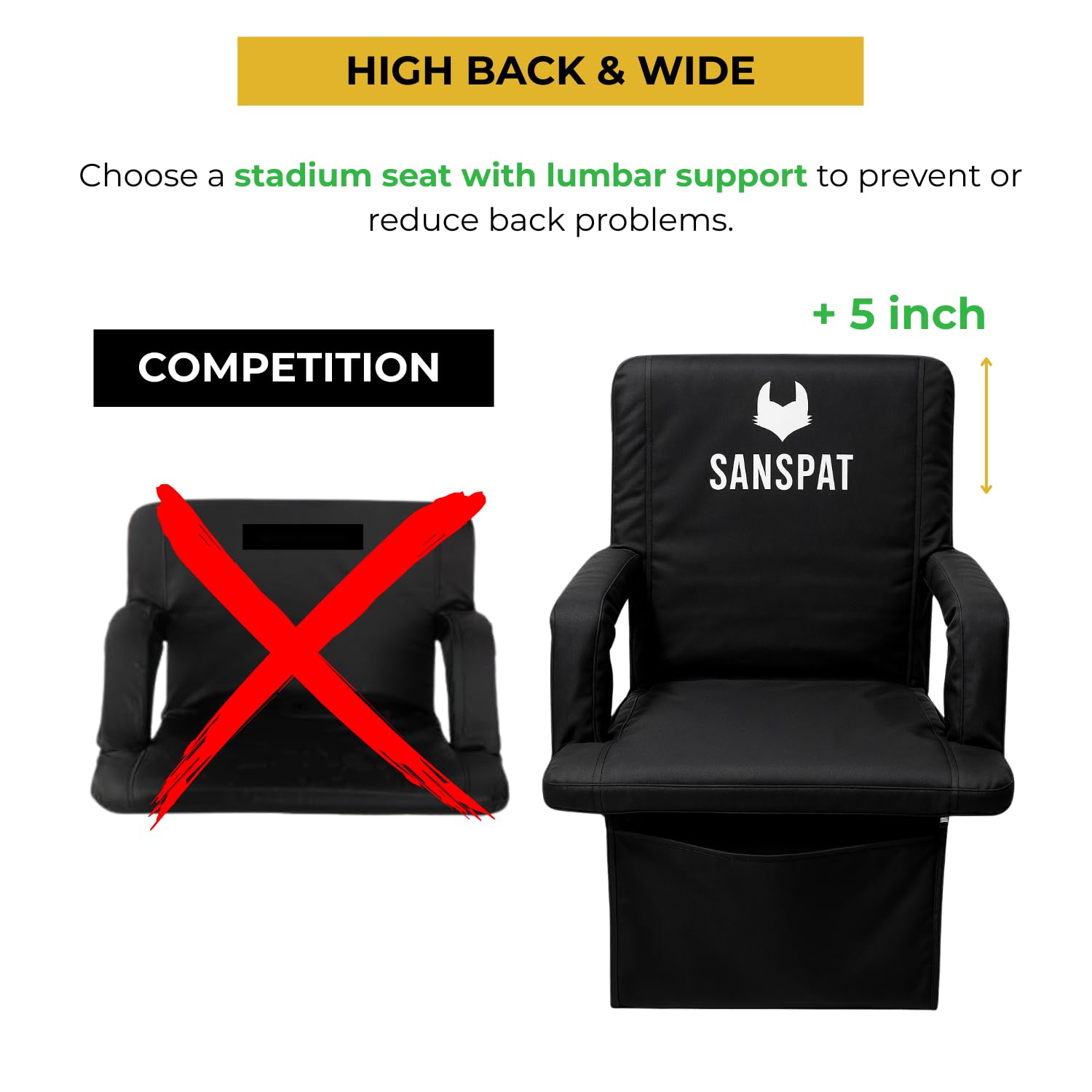 Sanspat backpack style transport enables hands-free stadium seating.