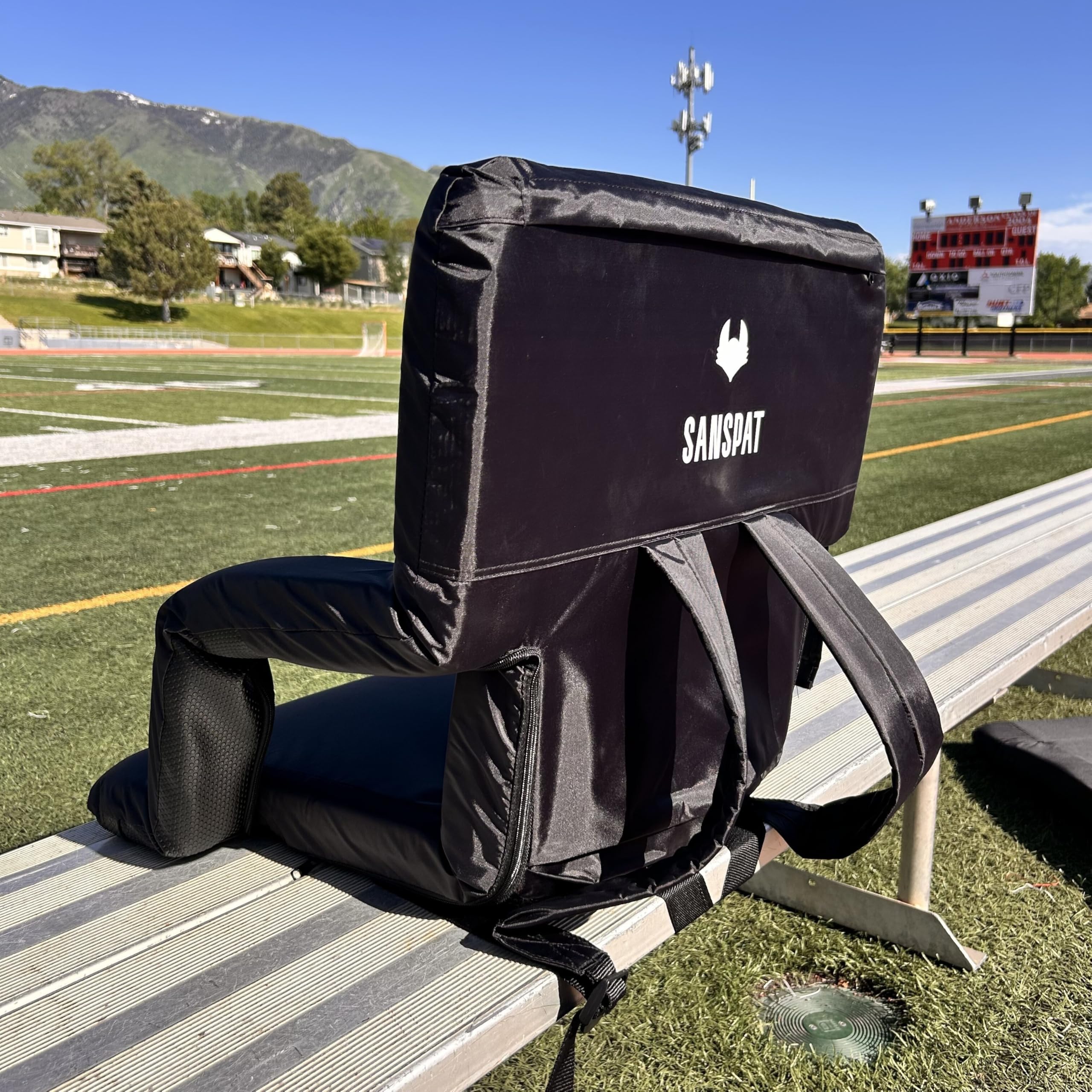 Sanspat padded bleacher seat with extra width for space and comfort.