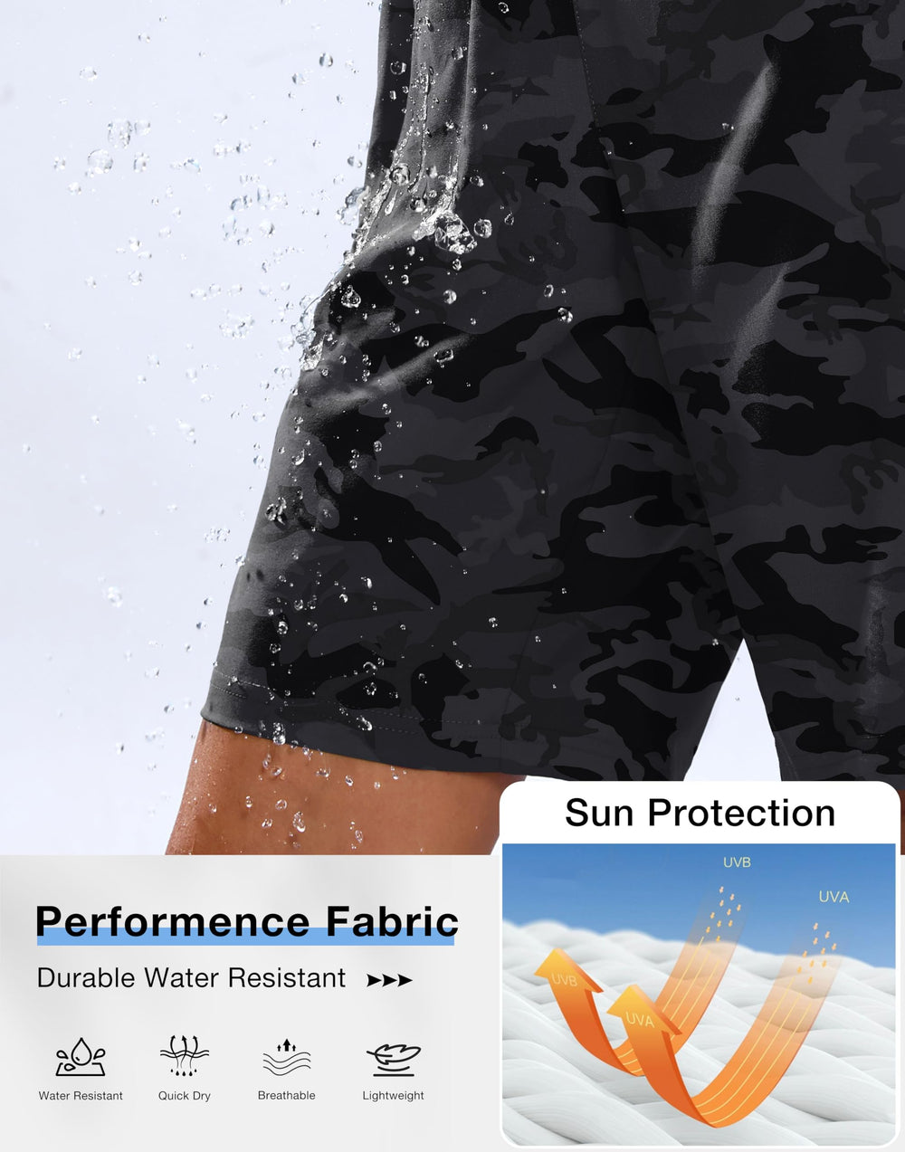 SANTINY lightweight quick-dry fabric close-up on shorts illustrating moisture-wicking performance.