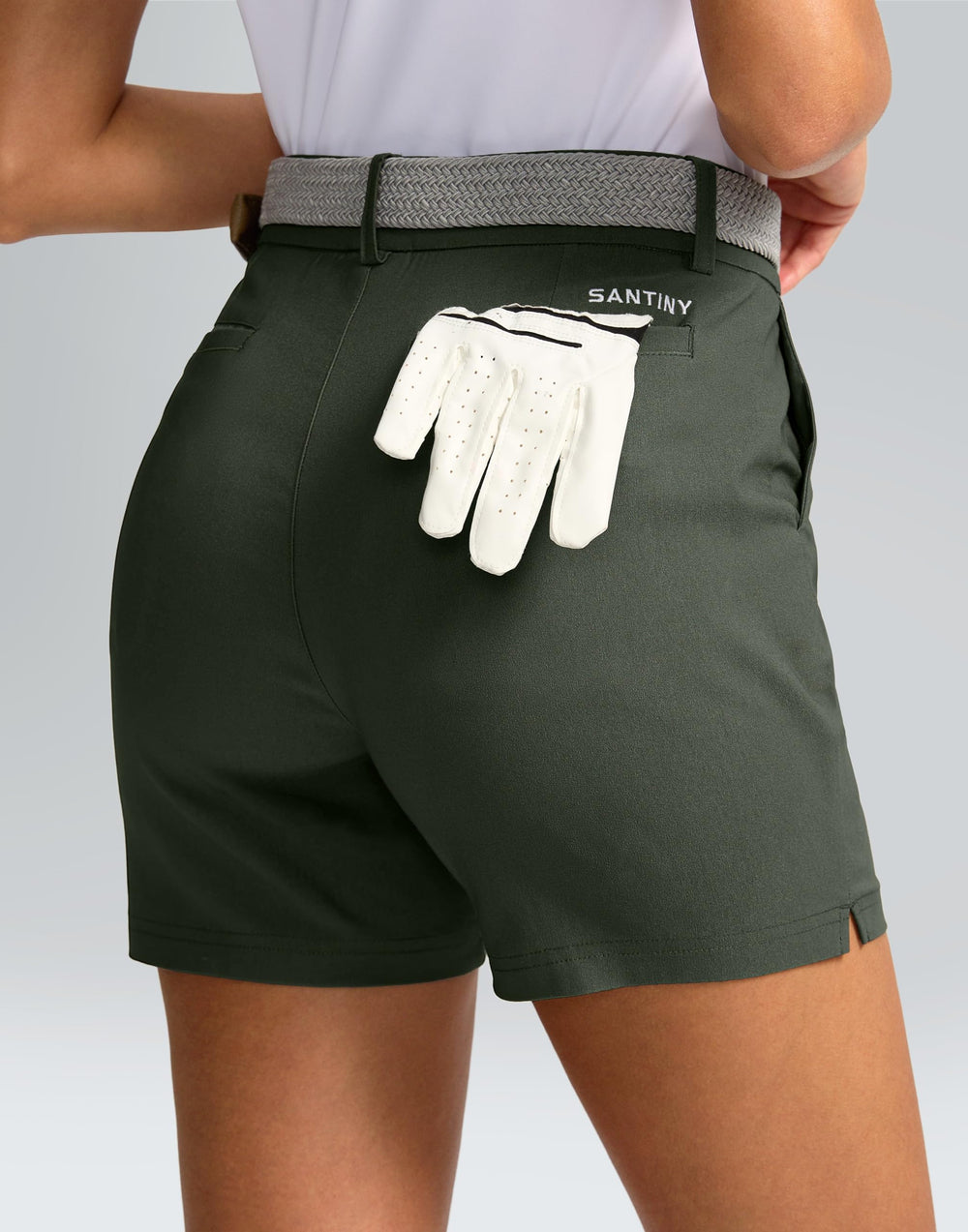 SANTINY sage-green 5in golf shorts pocket closeup showing roomy front pockets.