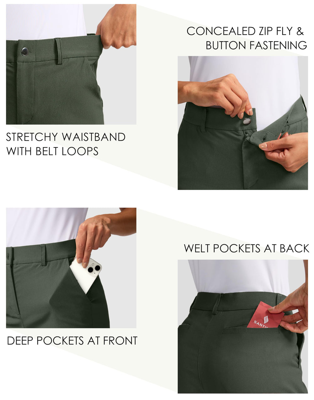 SANTINY sage-green 5in golf shorts stretch fabric demonstrates full movement.