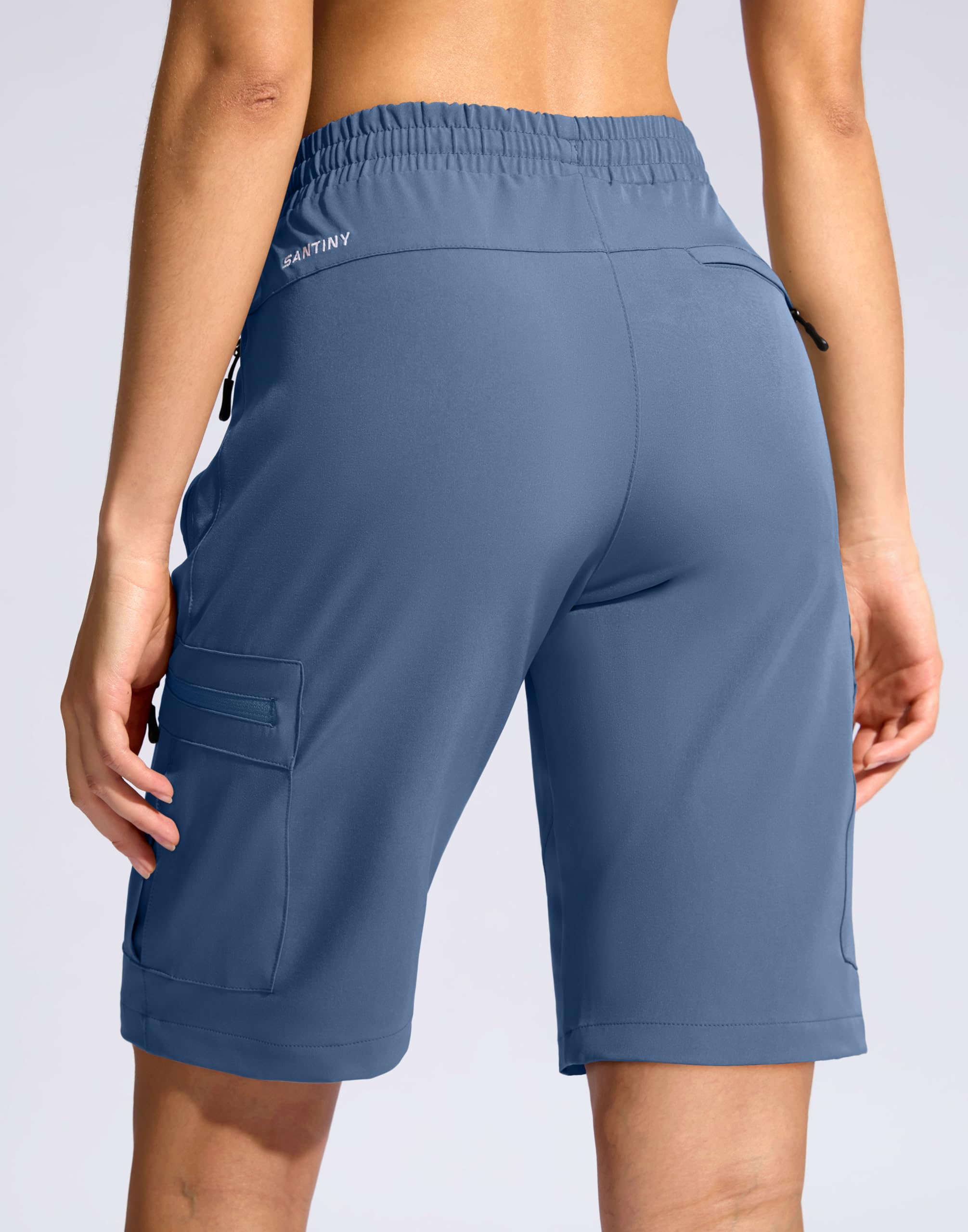 SANTINY women's 10in hiking shorts back view shows cargo pockets for organized gear.