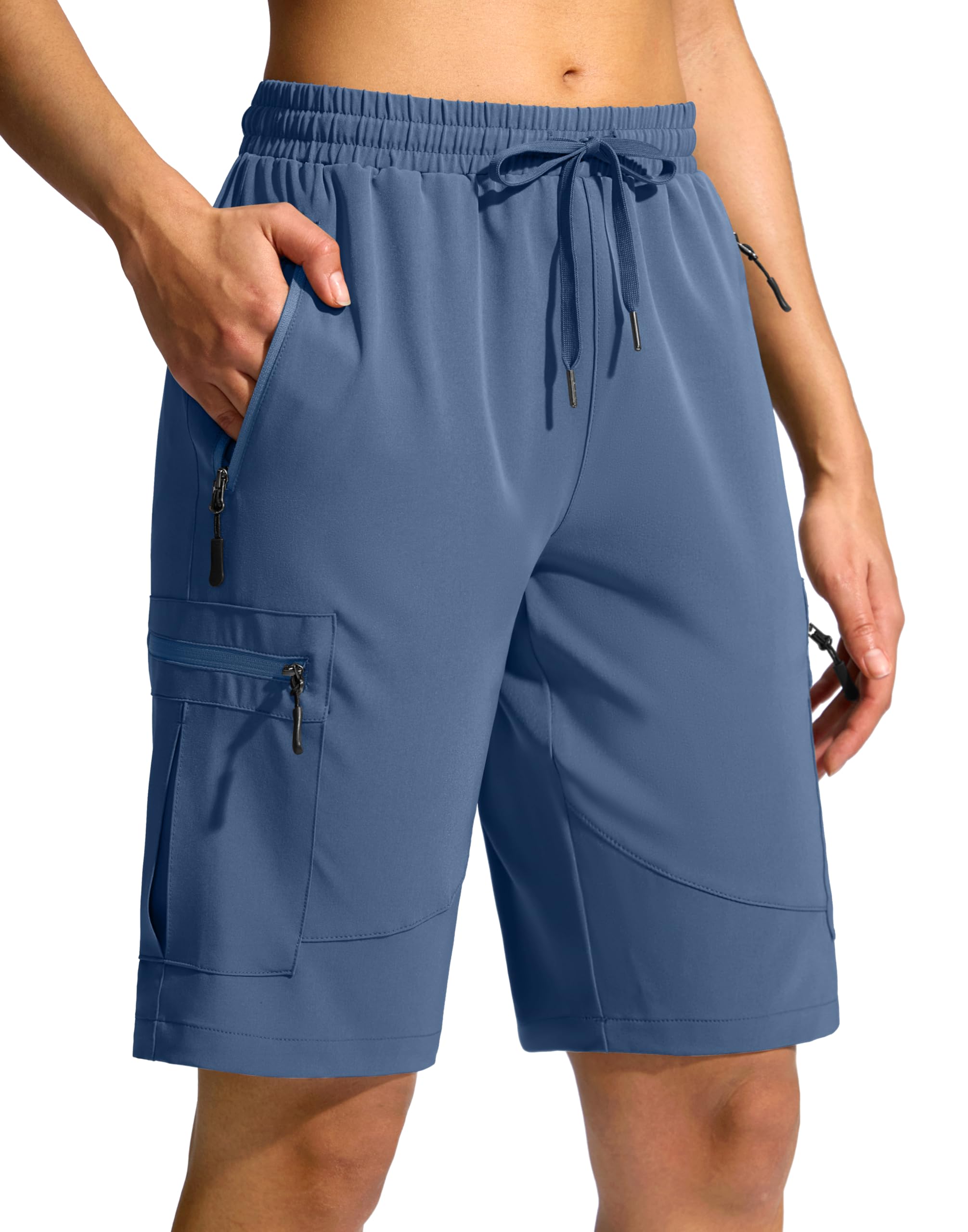 SANTINY women's 10in hiking shorts front view with 5 zip pockets for secure essentials.