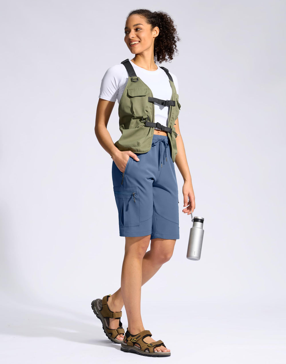 SANTINY blue hiking shorts side view highlighting lightweight, breathable fabric.