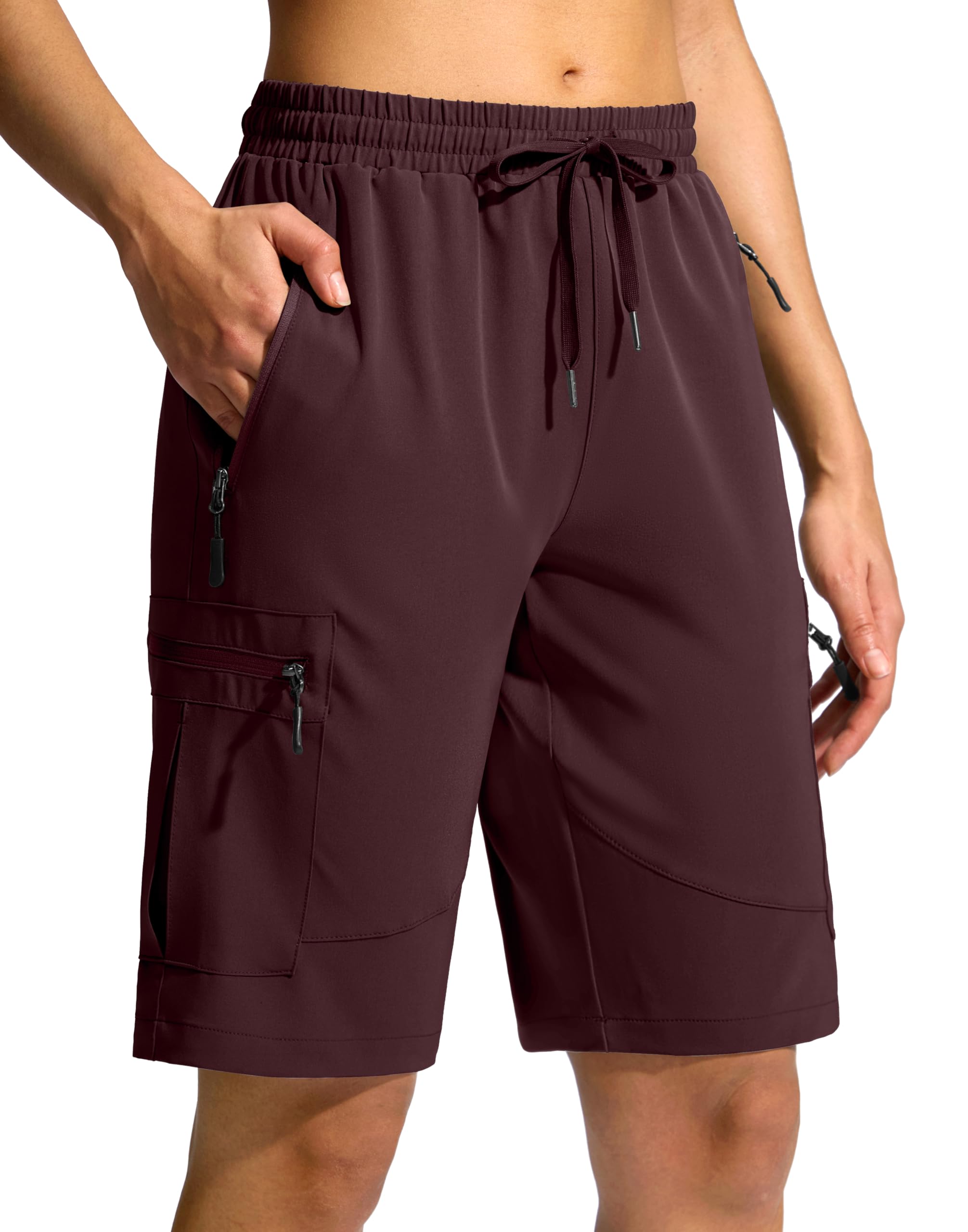 SANTINY women's 10in hiking cargo shorts front view highlight lightweight, breathable fabric for warm-weather hikes