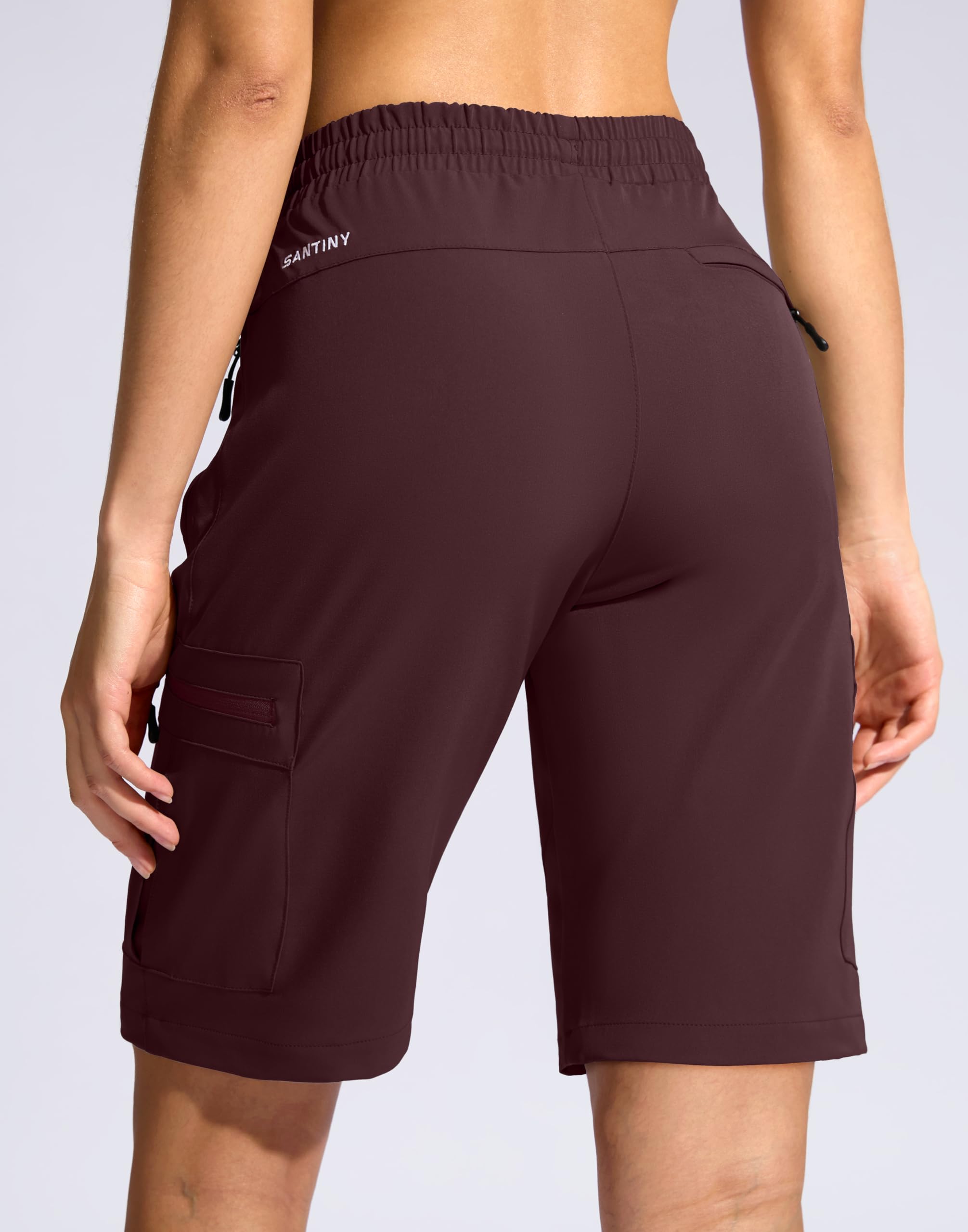 SANTINY shorts side pocket view shows secure five-pocket design for essentials on trails