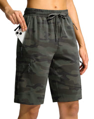 SANTINY women's 10in hiking shorts front view showing green camo and overall fit for outdoor wear.