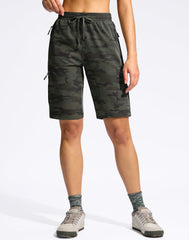 SANTINY women's 10in hiking shorts rear pocket view emphasizing storage and coverage.