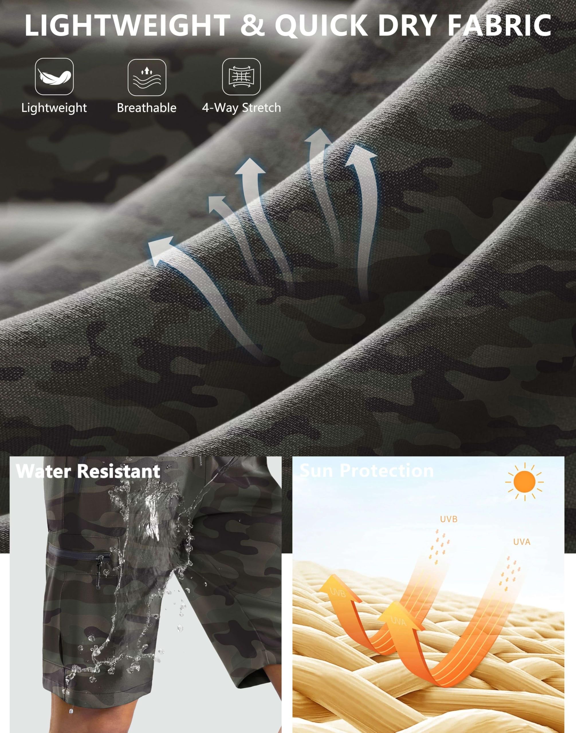 SANTINY women's 10in hiking shorts UPF50+ protection and water-resistance for outdoor use.