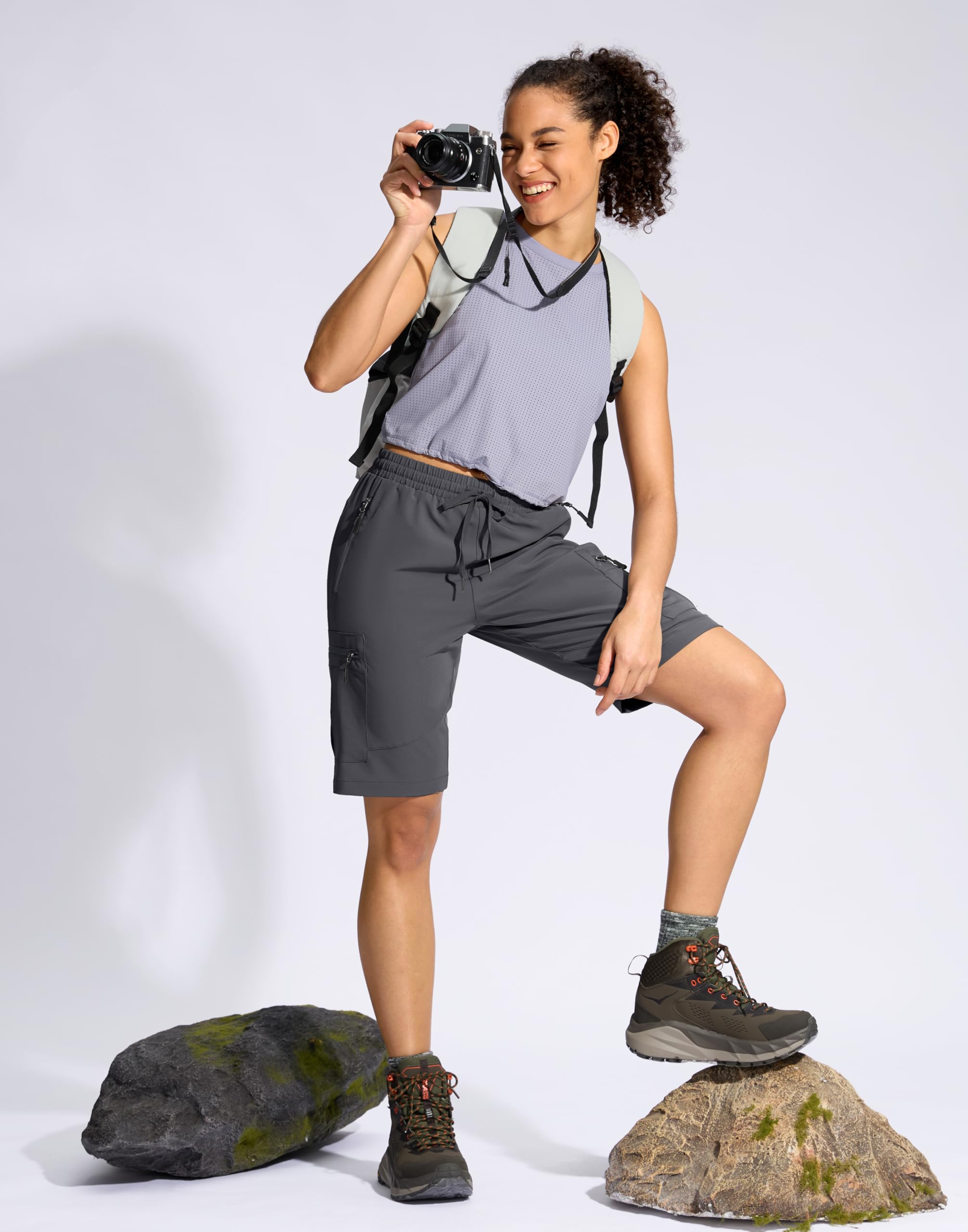 SANTINY women's 10in shorts elastic waist-drawstring for a customizable fit during activities