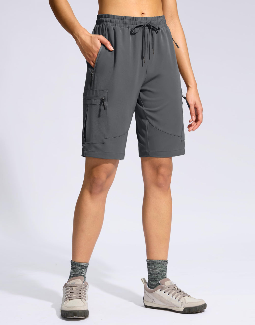 SANTINY women's 10in shorts UPF50 sun protection shielding you from UV rays on trails