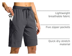 SANTINY women's 10in shorts zoom on zipper pockets highlighting secure storage