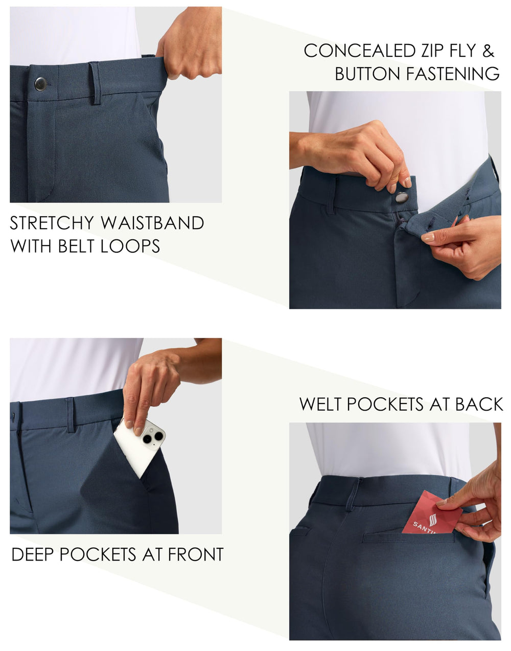 SANTINY fabric stretch action demonstrates full range of motion in dusty blue shorts.