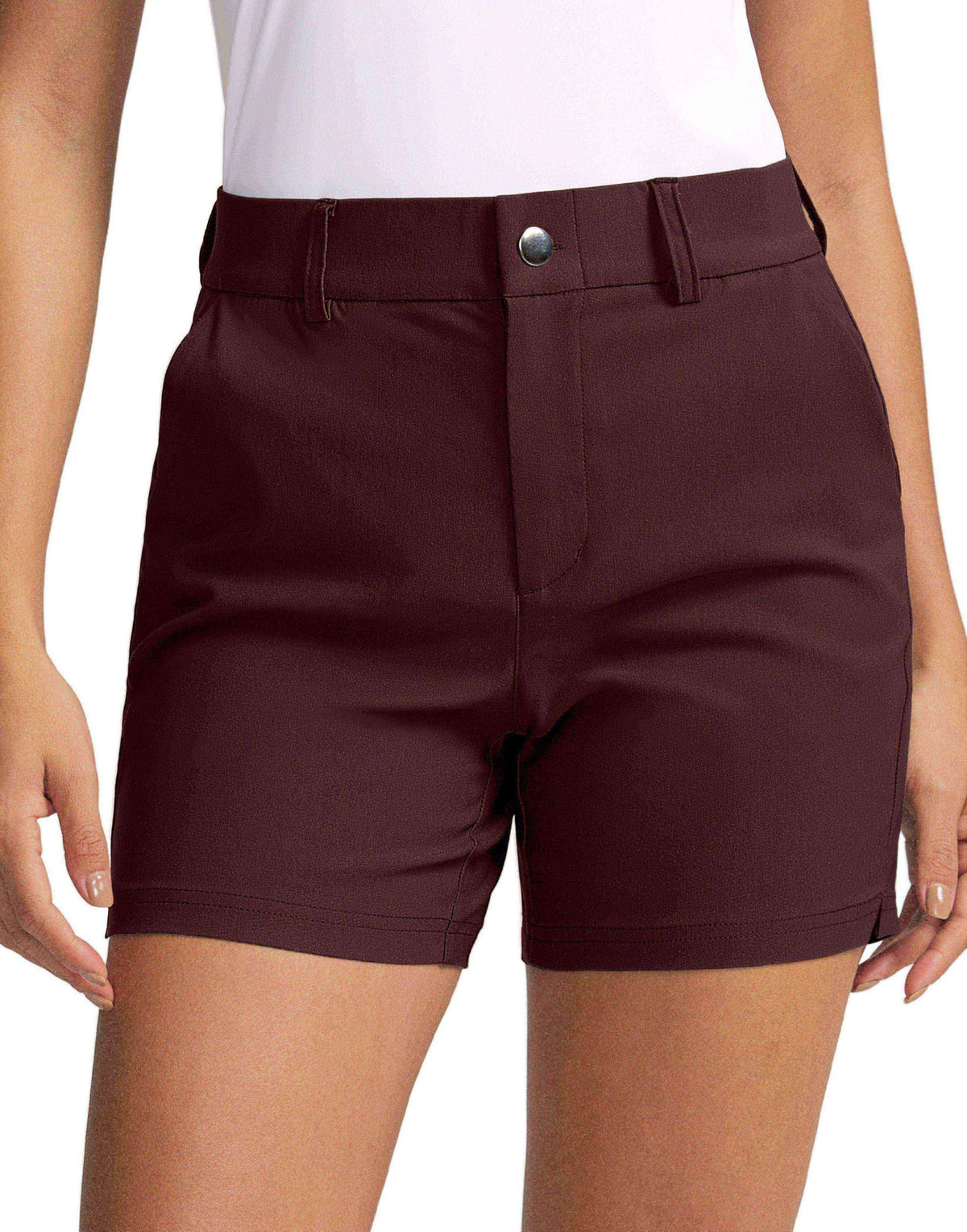 SANTINY Women's 5in golf shorts front pocket closeup shows secure storage for essentials on the course.