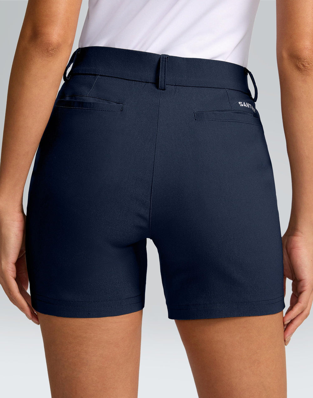 SANTINY women's 5in golf shorts navy XL side view with mobility