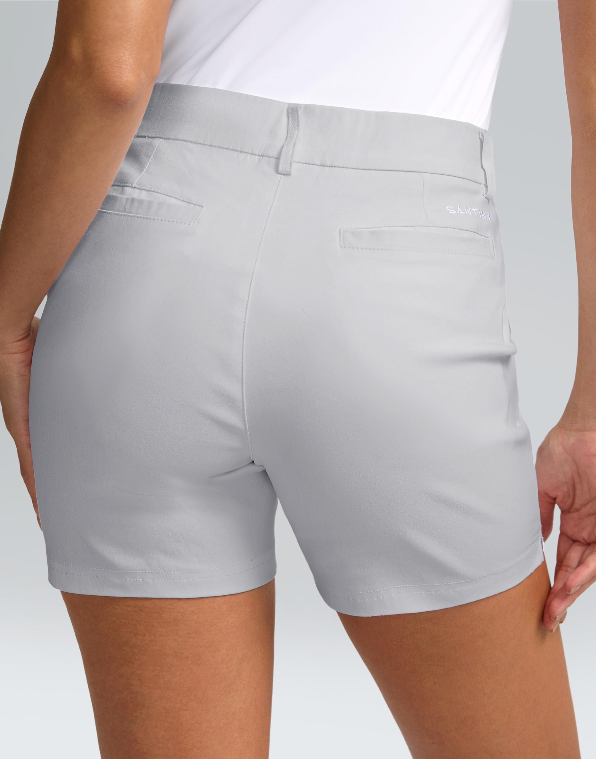 SANTINY women's 5in golf shorts waistband belt loops detail for a streamlined fit.