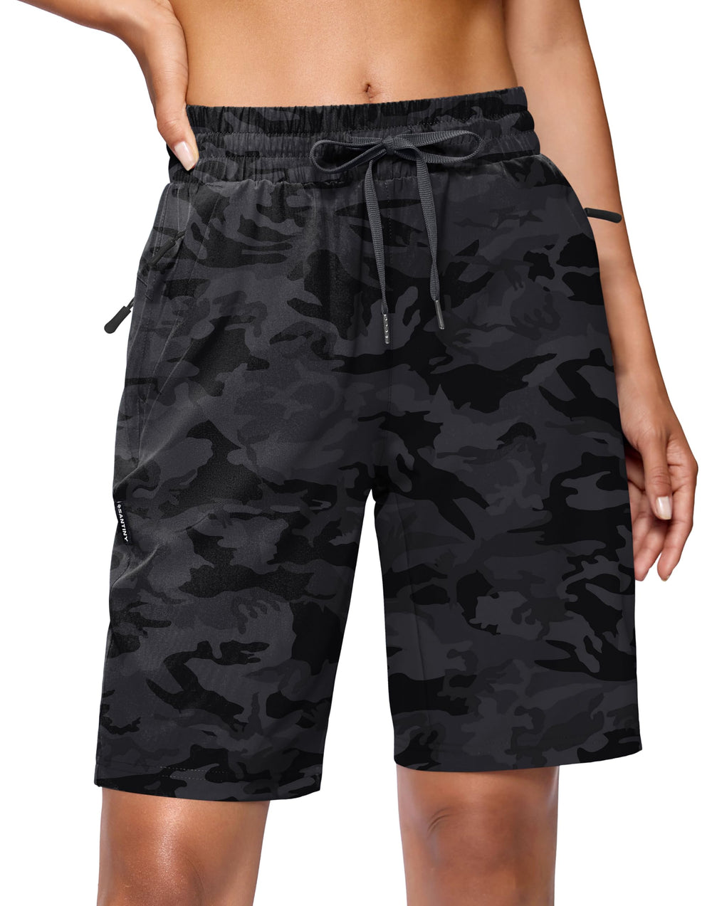 SANTINY women's 7-inch hiking shorts on model, highlighting lightweight, breathable fabric for all-day comfort.