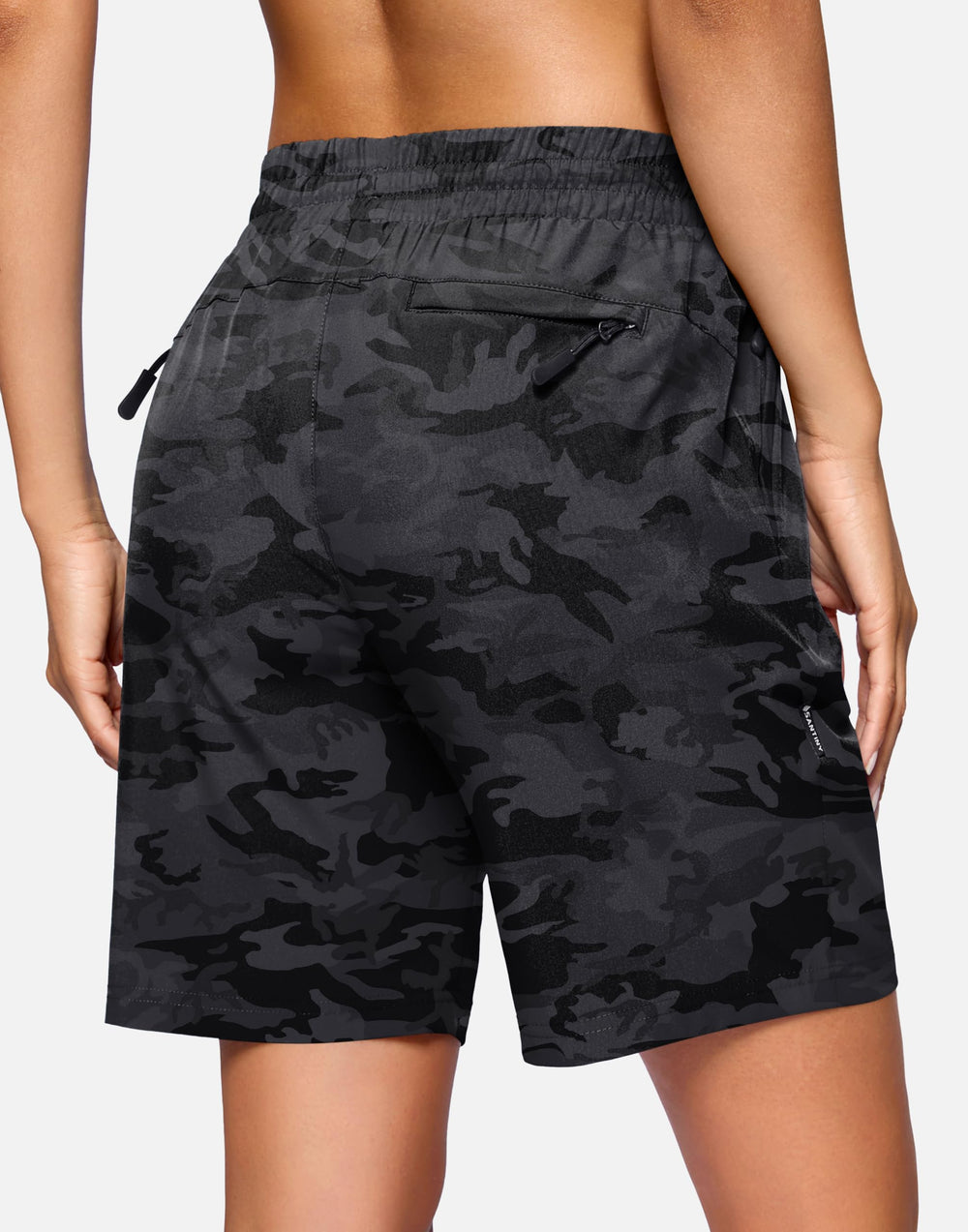 SANTINY women's hiking shorts 7in black camo rear zip pocket for valuables