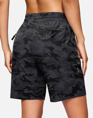 SANTINY women's hiking shorts 7in black camo rear zip pocket for valuables