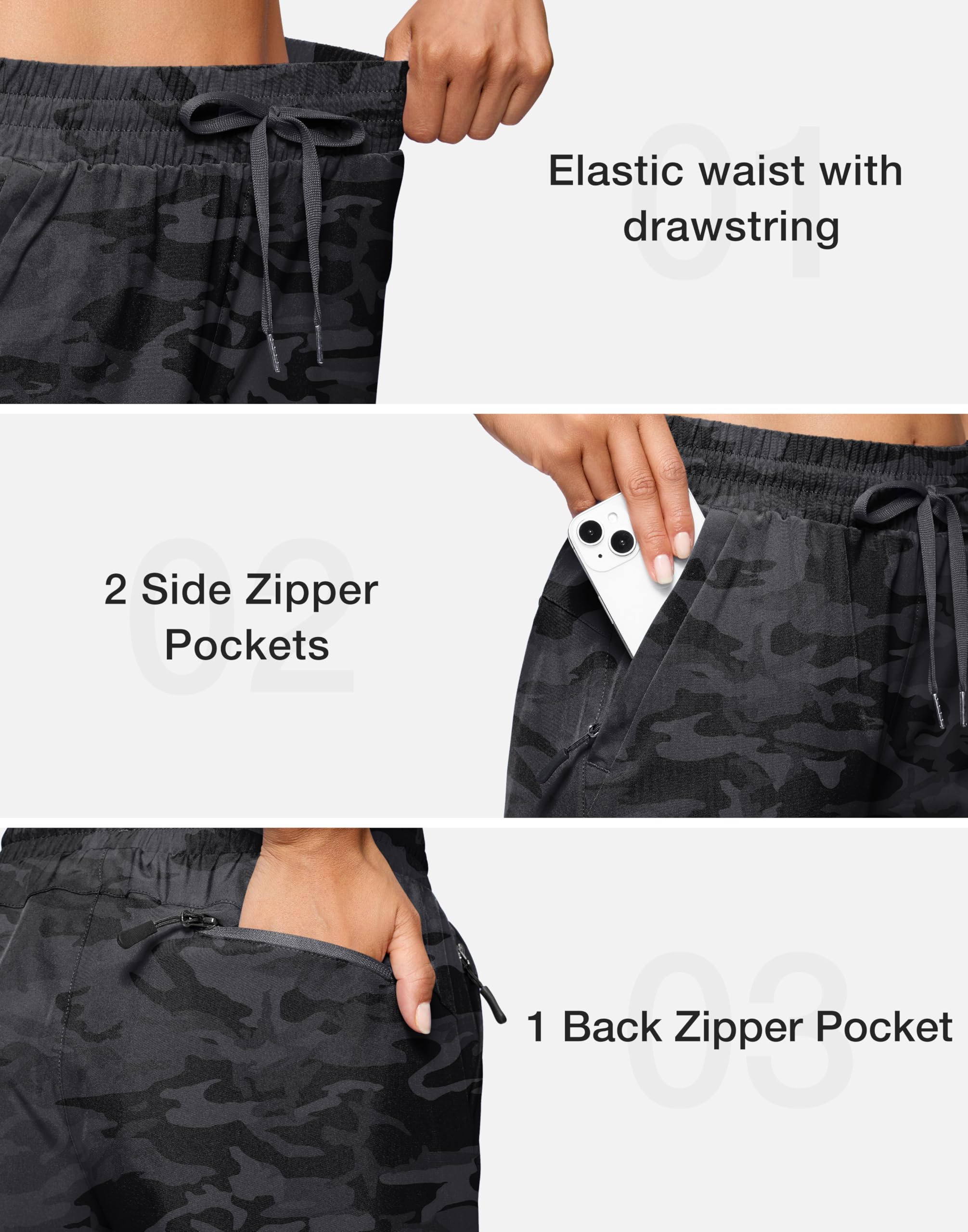 SANTINY 9in black camo shorts with longer inseam for more coverage
