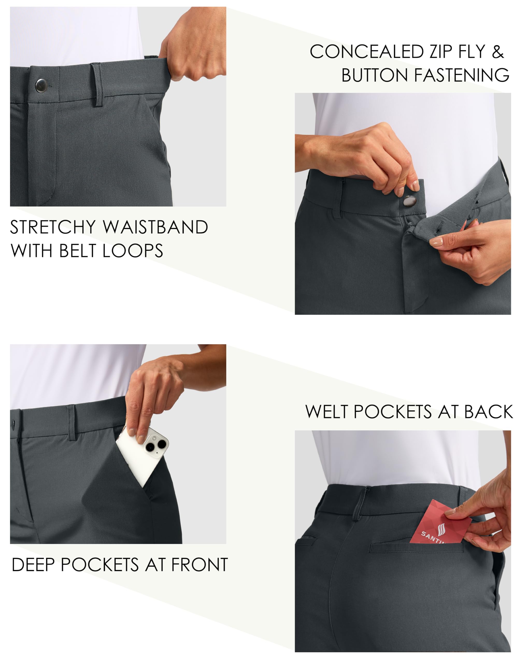 SANTINY wrinkle-free fabric maintains a neat look from tee to bag
