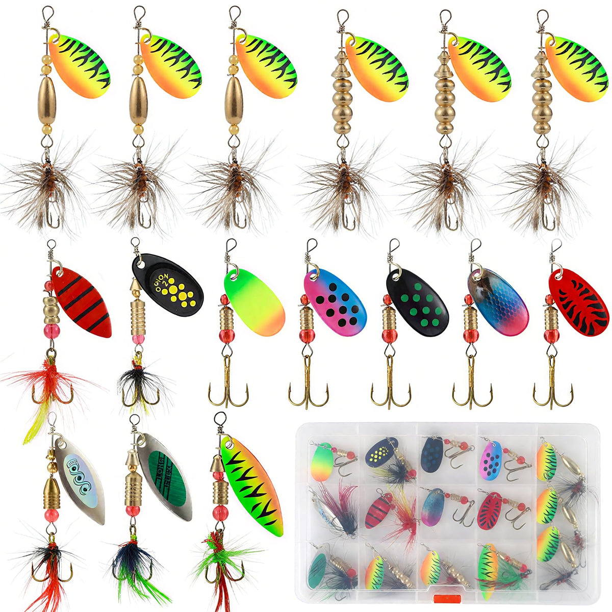 SANWEAL Rooster Tail Lures – 10-piece brass spinner kit, front view