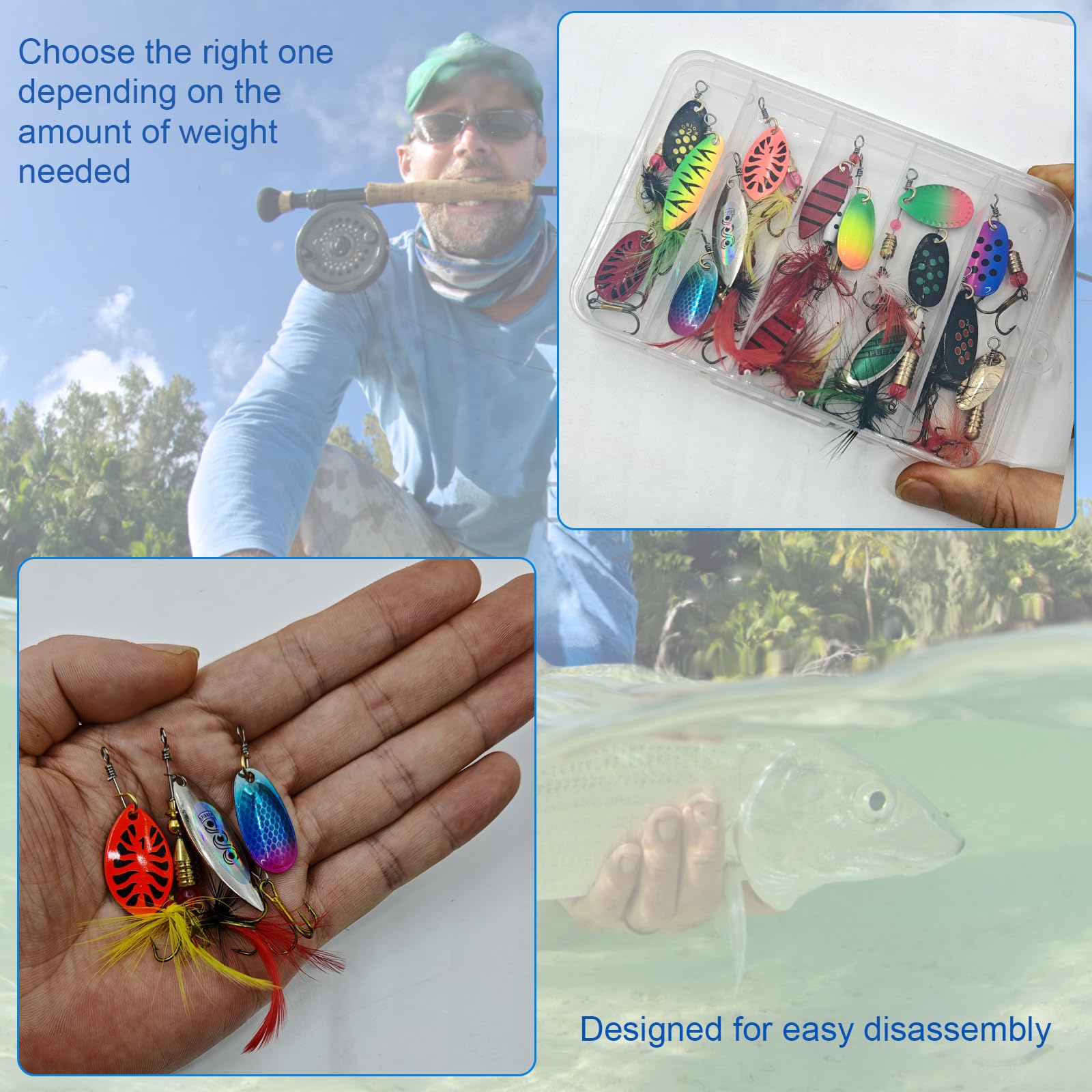 Compact tackle box included with SANWEAL rooster tail spinner set