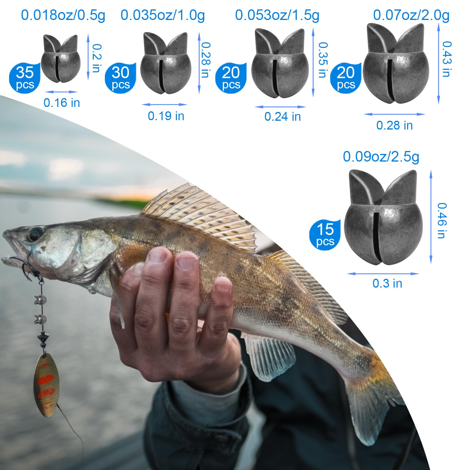 Five sizes: 0.09oz, 0.07oz, 0.06oz, 0.04oz, 0.02oz