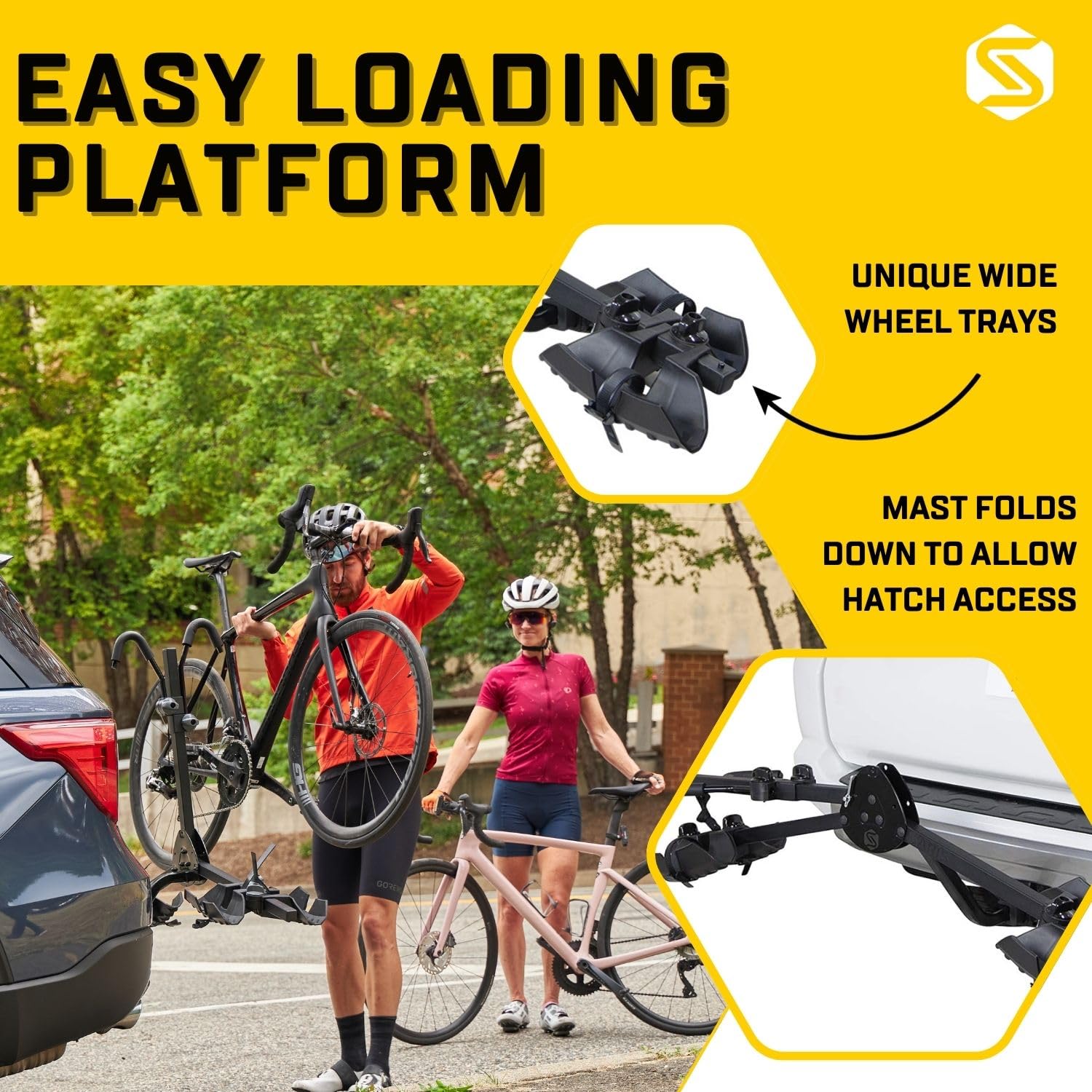 Saris All Star fold-down mast for easy rear hatch access.