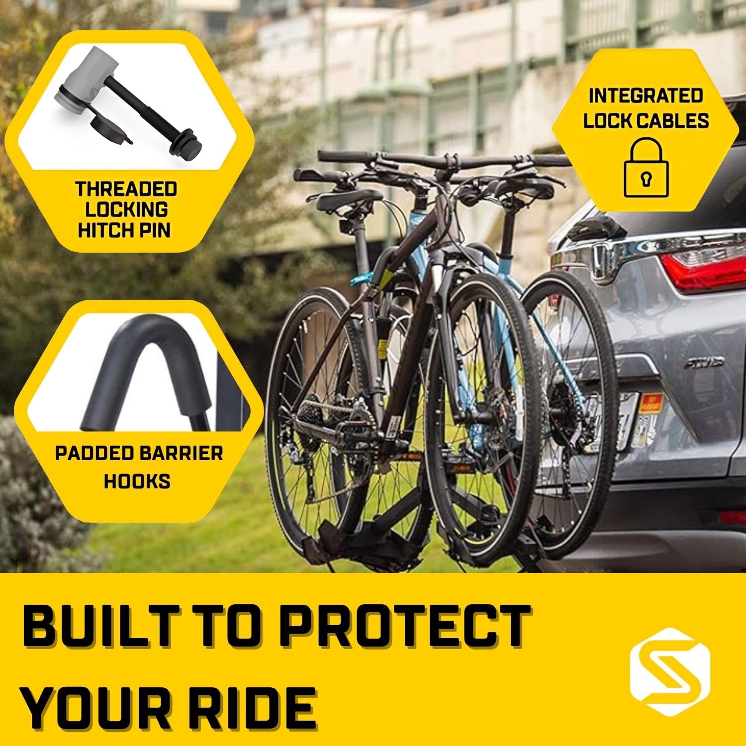 Saris All Star two-bike capacity up to 90 lbs secured on rack.