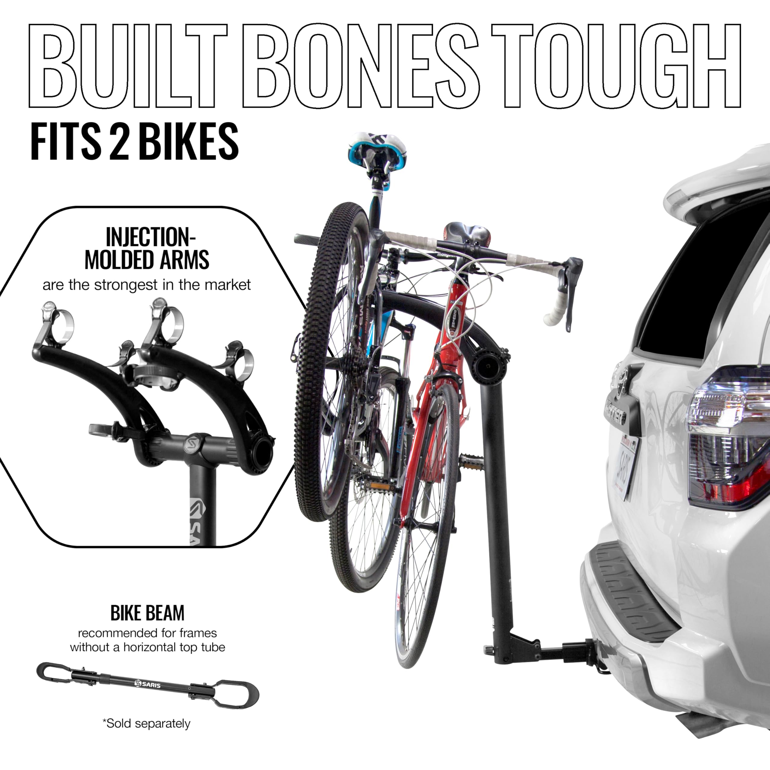 Saris Bones 2-Bike Hitch Rack anti-sway straps keep bikes steady.