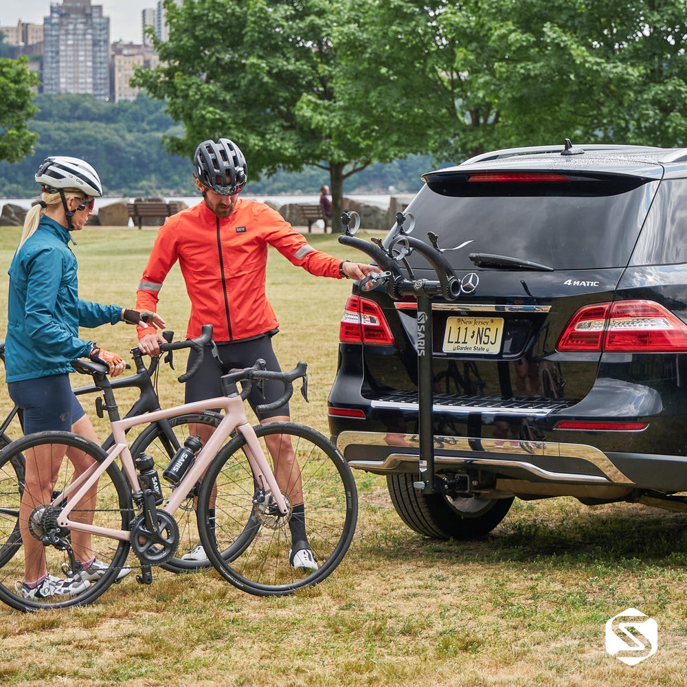 Saris Bones 2-Bike Hitch Rack folding storage for simplified parking.