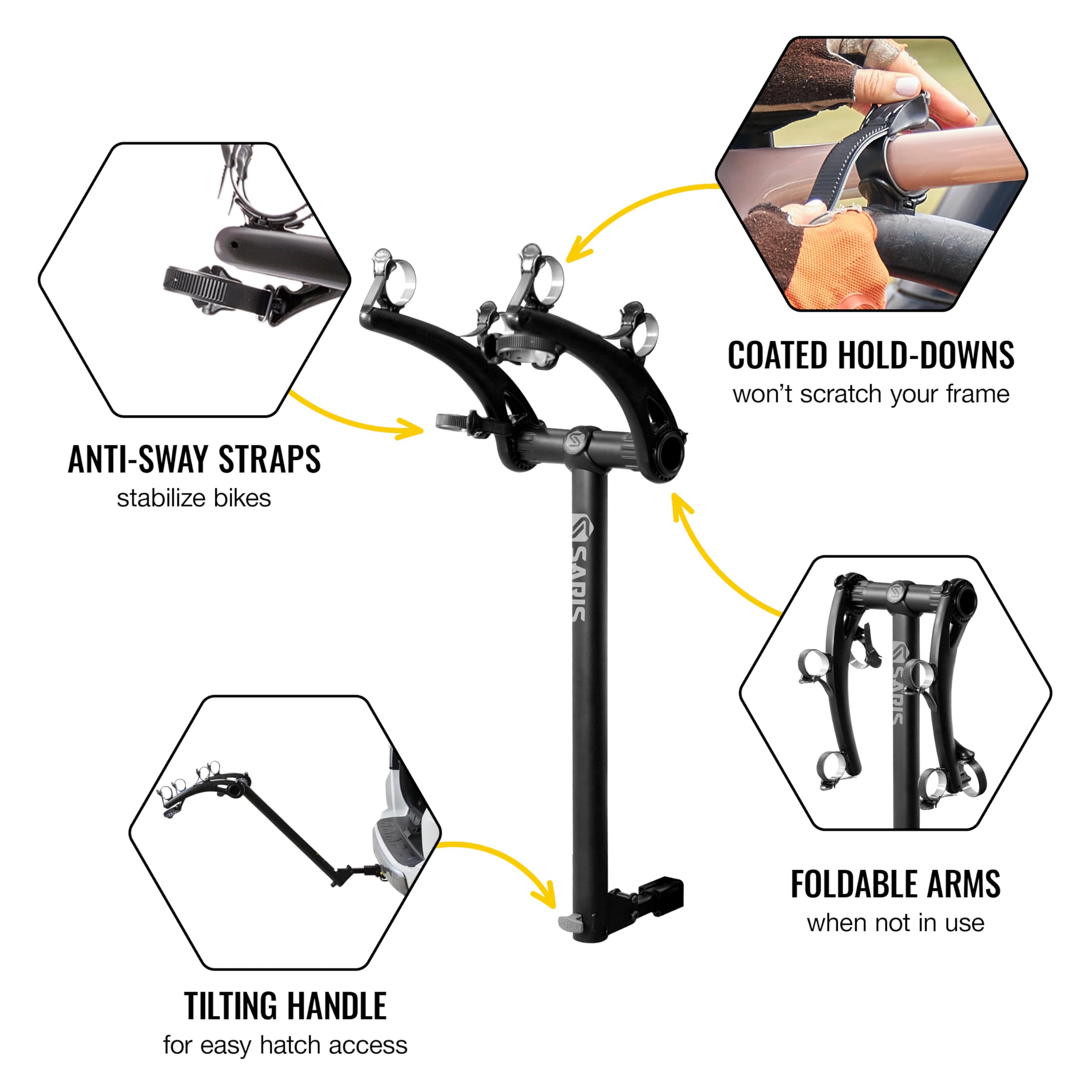 Saris Bones 2-Bike Hitch Rack trunk-access design for reaching gear with bikes loaded.